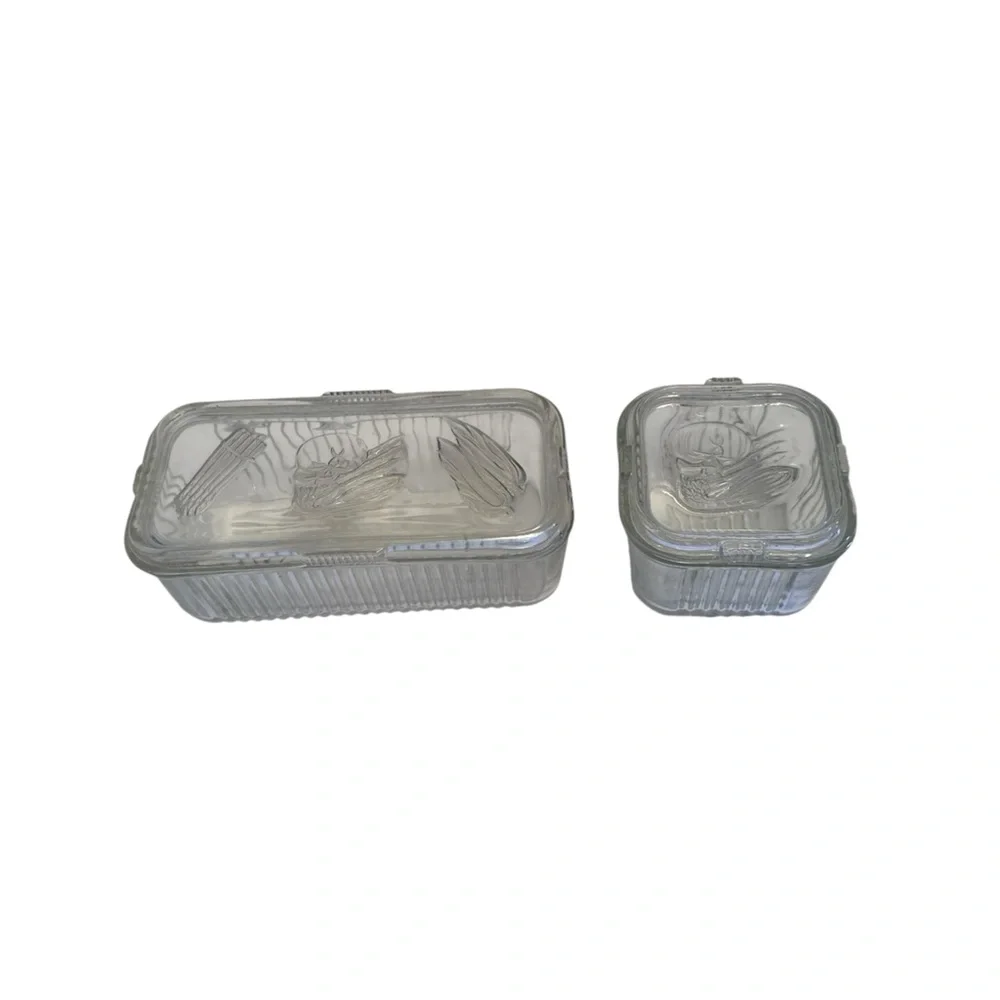 VTG Federal Glass Clear Refrigerator Storage Dishes/Lids Vegetable USA Set of 2 - Picture 1 of 9